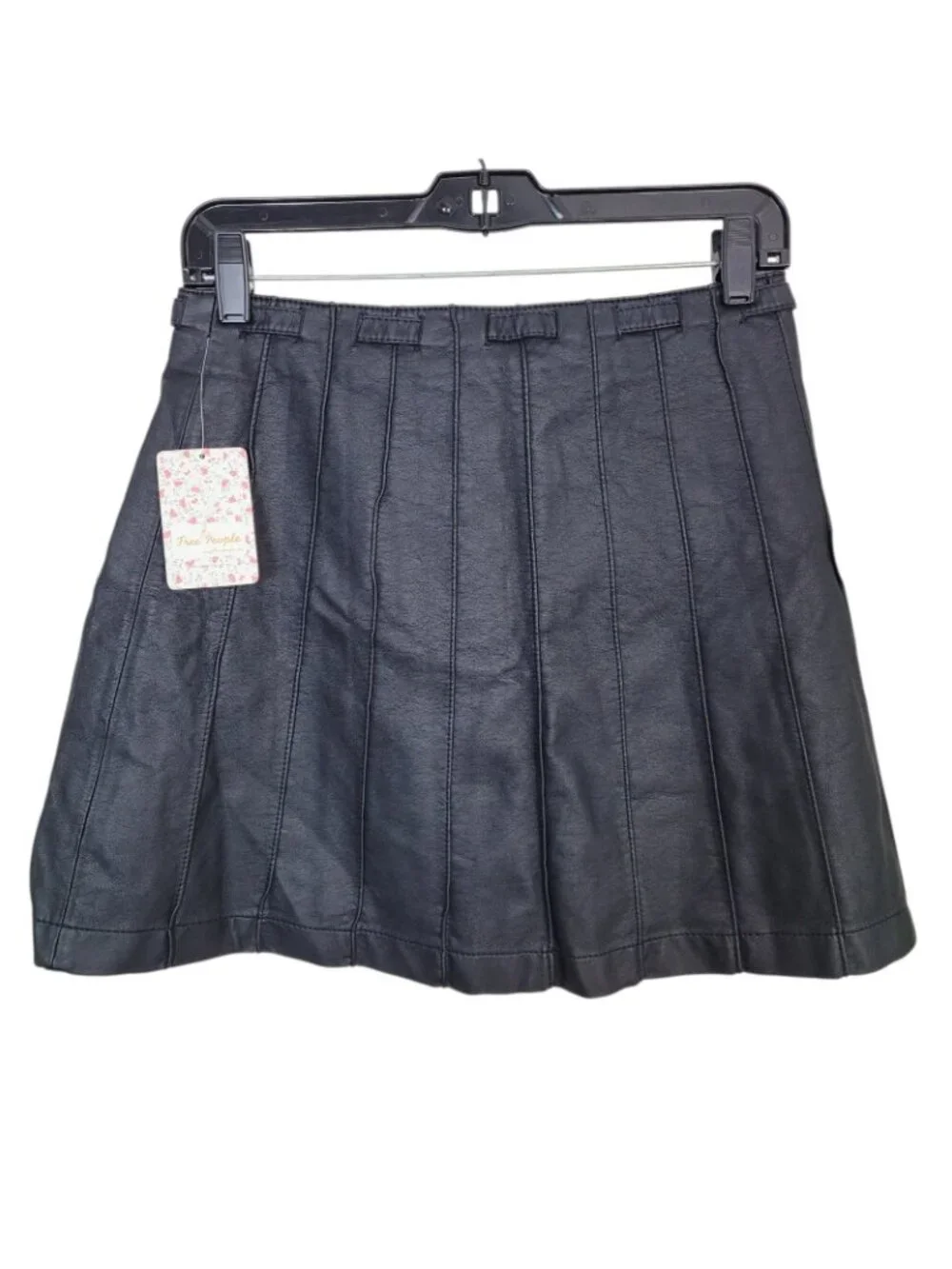 Free People Vegan Faux Leather Mini Skirt Black Snap Front Tie Waist Size 8 NWT